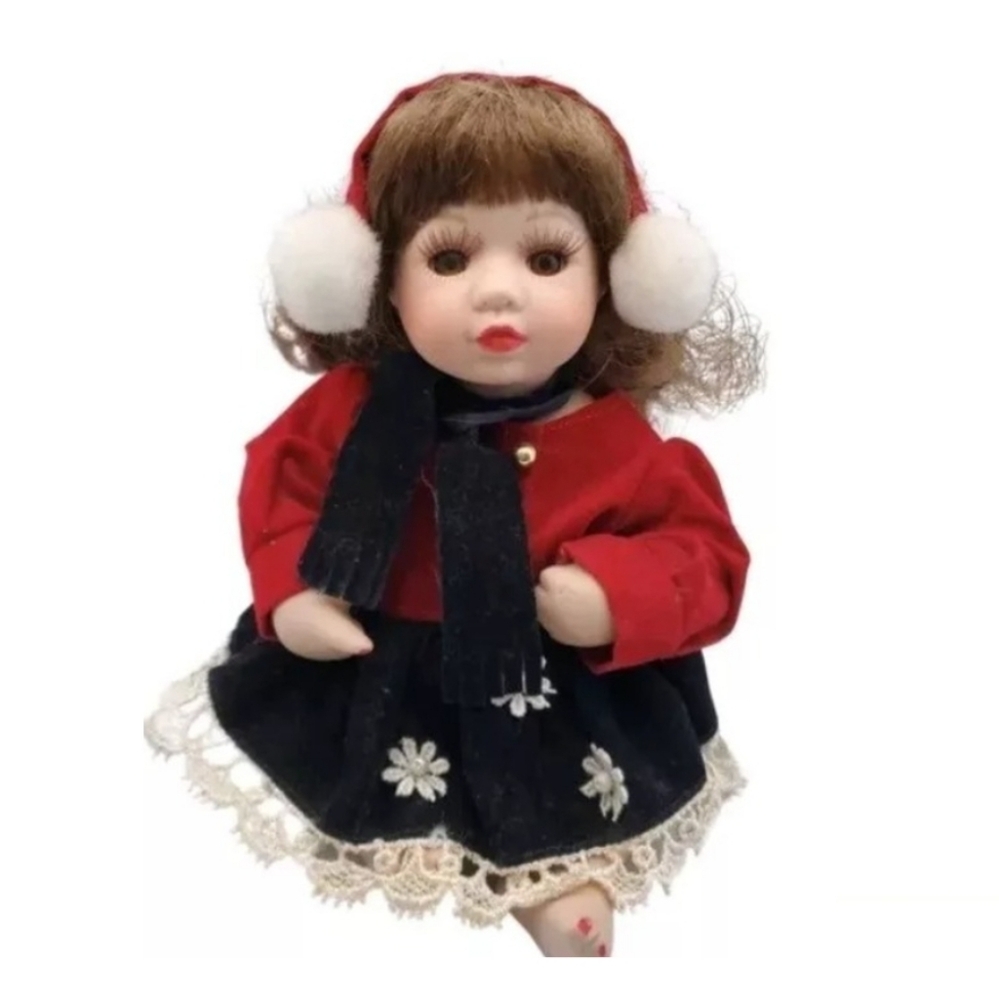 Vintage McField International Co. Doll 8" Porcelain  Doll Navy Red Velvet Dress